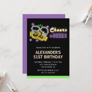 Neon Cheers Beer Black 51st birthday invitation