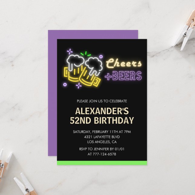 Neon Cheers Beer Black 52nd birthday invitation (Front/Back In Situ)