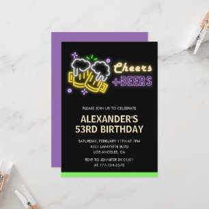 Neon Cheers Beer Black 53rd birthday invitation