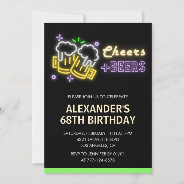 Neon Cheers Beer Black 68th birthday invitation (Front)