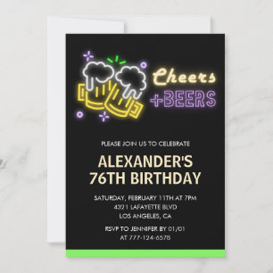 Neon Cheers Beer Black 76th birthday invitation