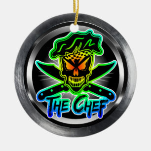 Neon Chef Skull Ceramic Tree Decoration