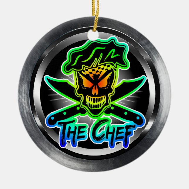 Neon Chef Skull Ceramic Tree Decoration (Front)