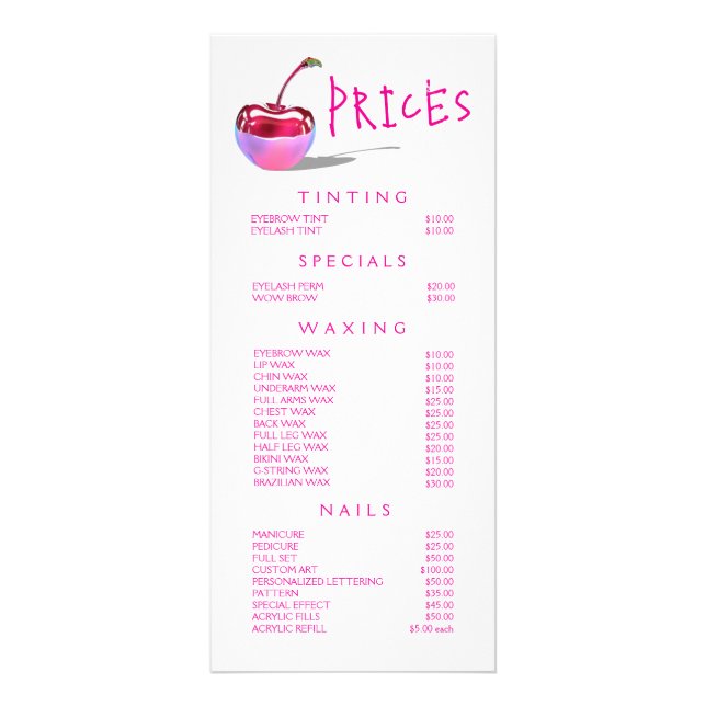 Neon Cherry Beautician Beauty Service Price List Rack Card (Front)