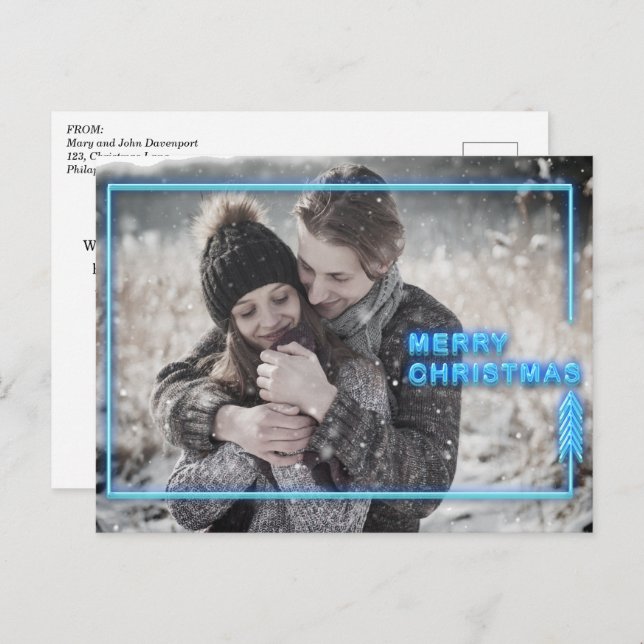 Neon Christmas Blue Photo  Holiday Postcard (Front/Back)
