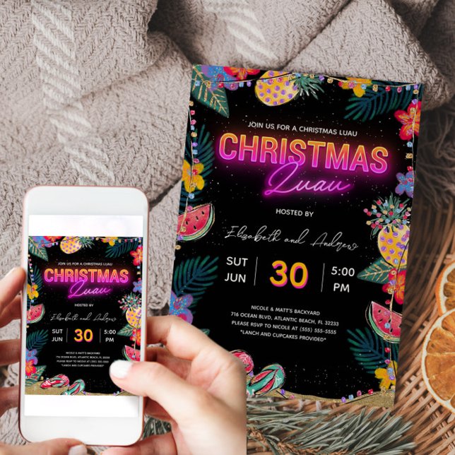 Neon Christmas Luau Party Invitation Card (Neon Christmas Luau Party Invitation Card)