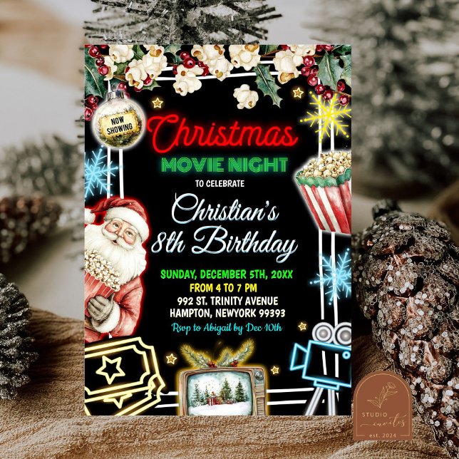 Neon Christmas Movie Night Kids Birthday Party Invitation (Creator Uploaded)