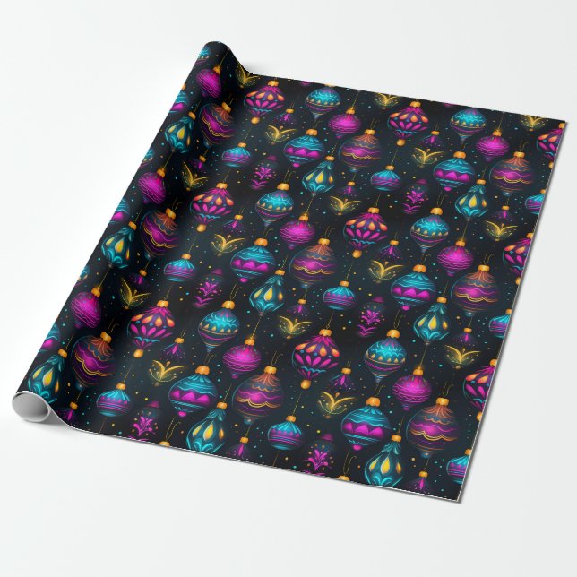 Neon Christmas Ornaments Wrapping Paper (Unrolled)