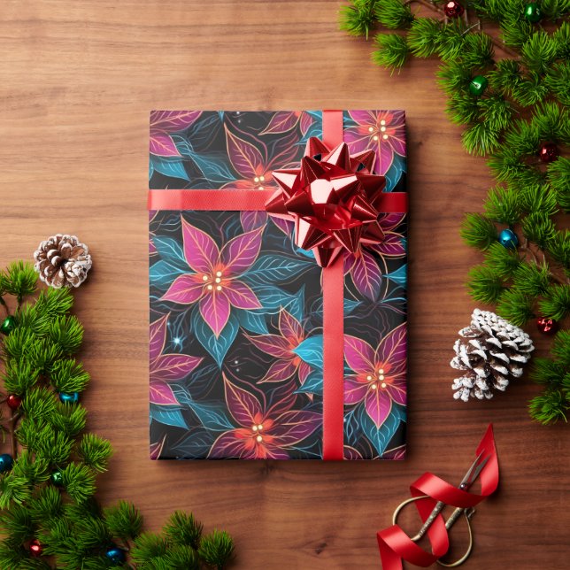 Neon Christmas Poinsettias Wrapping Paper (Holiday Gift)