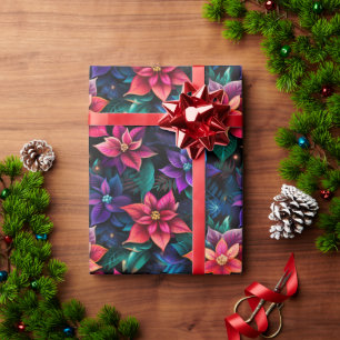 Neon Christmas Poinsettias Wrapping Paper