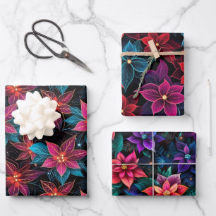 Neon Christmas Poinsettias Wrapping Paper Sheet