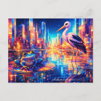 Neon City Reflections: Frog and Heron Dreamscape Holiday Postcard