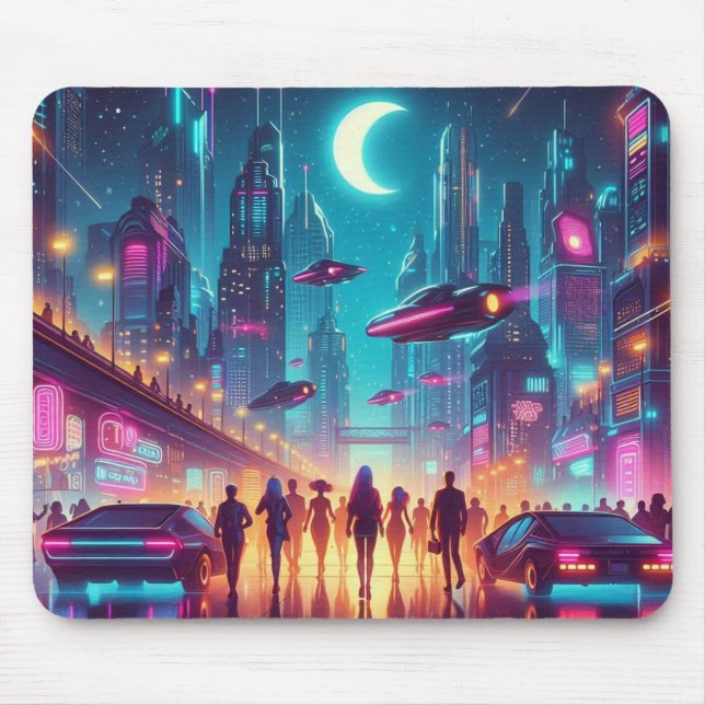 Neon Cityscape Mouse Pad (Front)