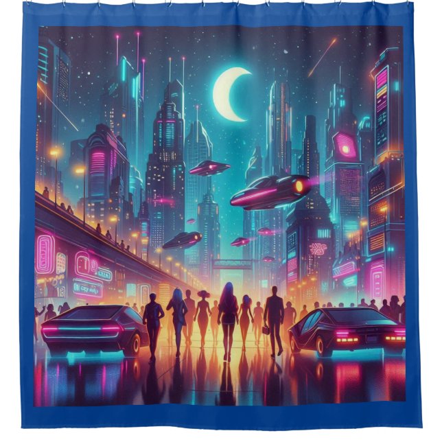 Neon Cityscape Shower Curtain (Front)