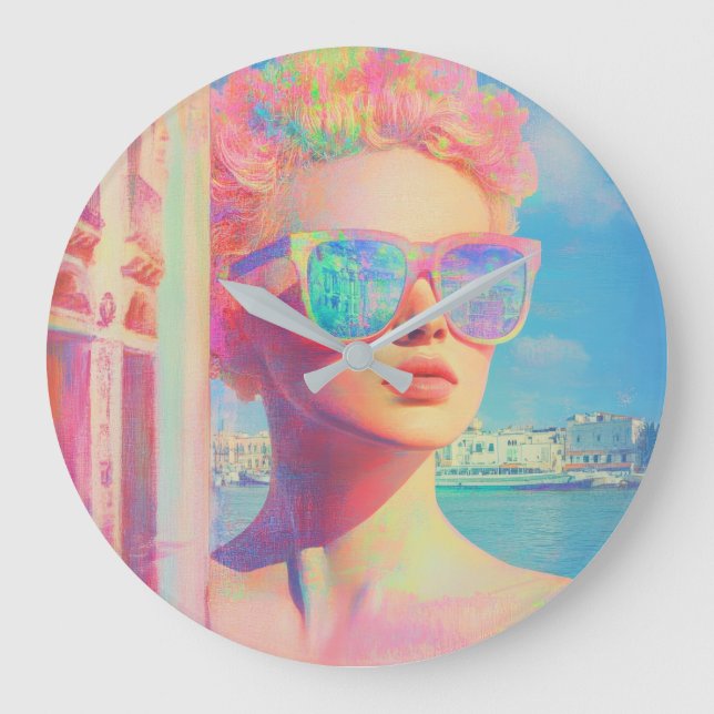 Neon Coastal Beauty with Sunglasses Large Clock (Front)
