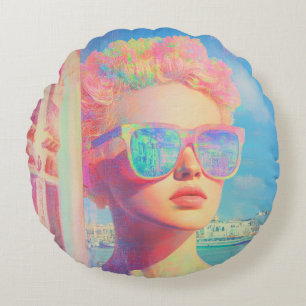 Neon Coastal Beauty with Sunglasses Round Cushion