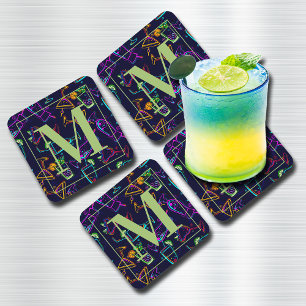 Neon Cocktails and Drinks on Black Monogram Coaster