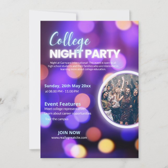 Neon College Night Party Invitation,  Invitation (Front)