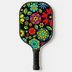 Neon Colors On Black Retro Floral Seamless Pattern Pickleball Paddle