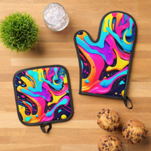 Neon Colour Fluid Dreams Oven Mitt & Pot Holder Set