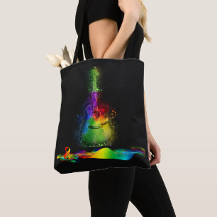 Neon Colour Guitar and Music Note On Black Tote Bag
