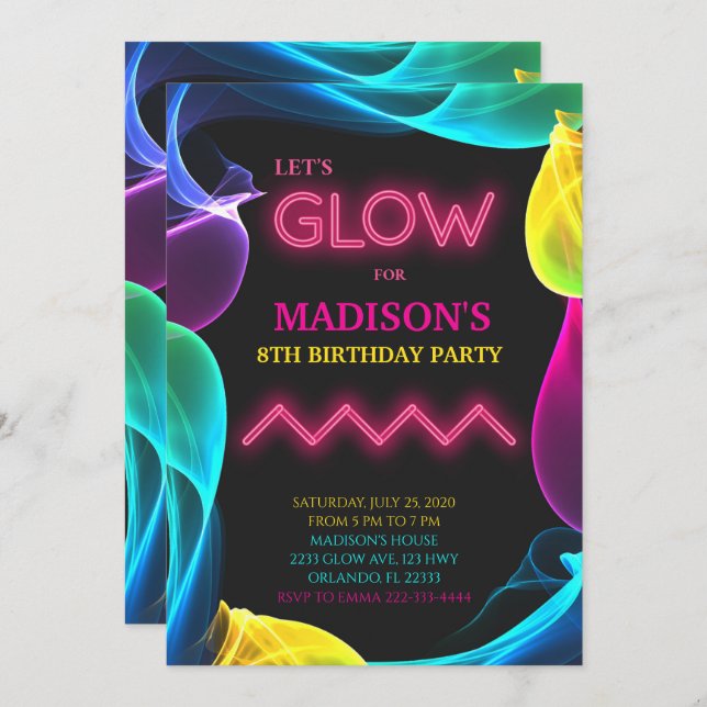 Neon Colourful Glow Birthday Invitation (Front/Back)