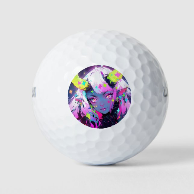 Neon Colourful Kawaii Demon Anime Girl Golf Balls (Front)