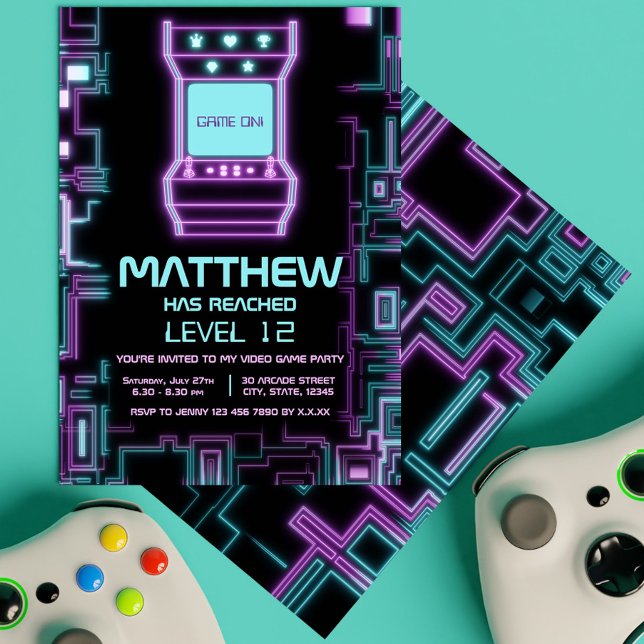 Neon Colourful Retro Arcade Kid Gamer Birthday Invitation (Cool Neon Retro Arcade Gaming Level Unlocked Kids Invitation)