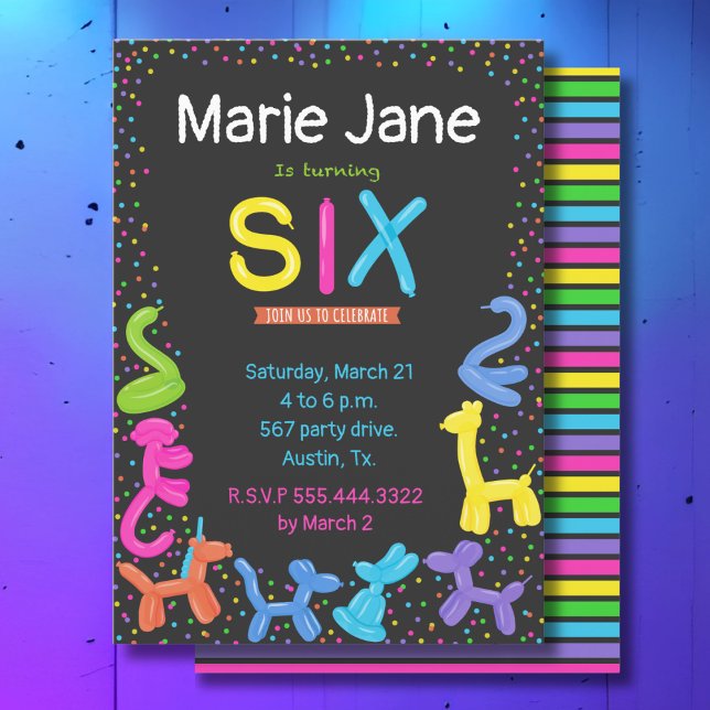 Neon colours animal balloons 6th birthday invitation (Creator Uploaded)