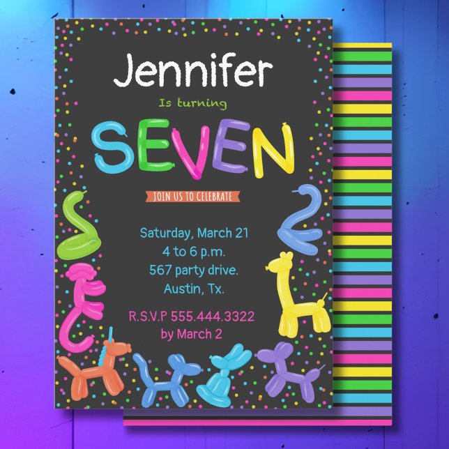 Neon colours animal balloons 7th birthday invitation (Creator Uploaded)