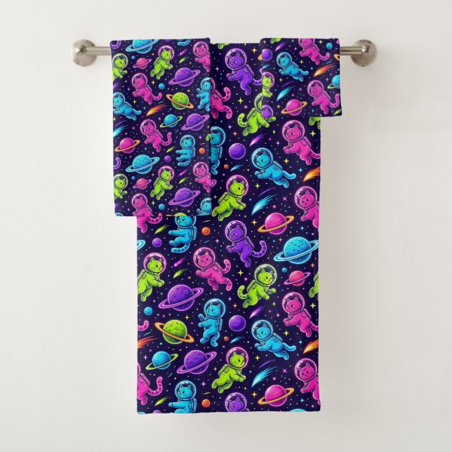 Neon Colours Astronaut Cats Outer Space Planets Bath Towel Set (Insitu)