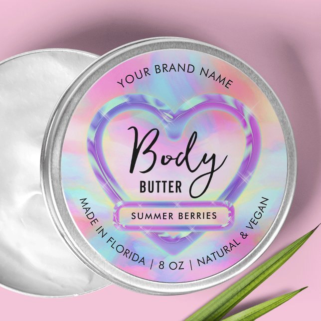 Neon Colours Holographic Body Butter Jar Product Classic Round Sticker (Create labels for body butter, sugar scrub, lotions and more using this round neon effect sticker)