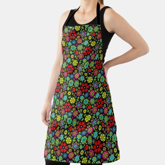 Neon Colours On Black Retro Floral Seamless Patter Apron (Insitu)