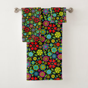 Neon Colours On Black Retro Floral Seamless Patter Bath Towel Set