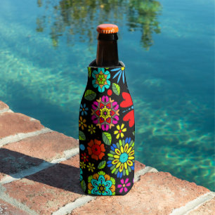 Neon Colours On Black Retro Floral Seamless Patter Bottle Cooler