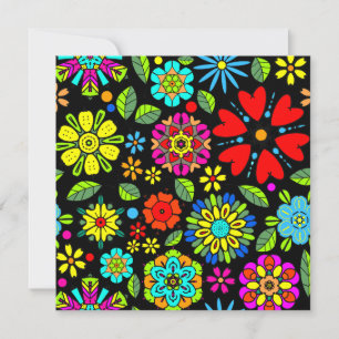 Neon Colours On Black Retro Floral Seamless Patter Card