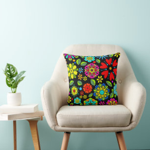 Neon Colours On Black Retro Floral Seamless Patter Cushion