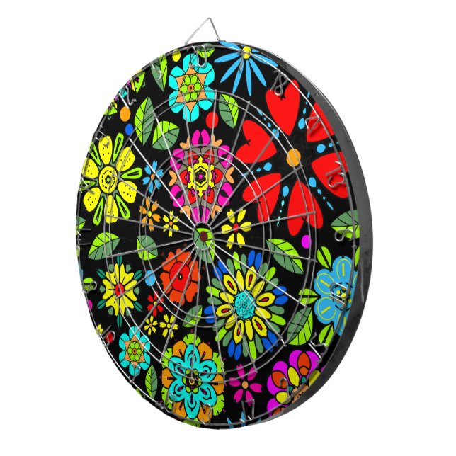 Neon Colours On Black Retro Floral Seamless Patter Dartboard (Front Right)