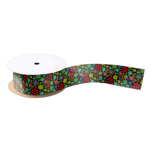 Neon Colours On Black Retro Floral Seamless Patter Satin Ribbon