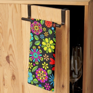 Neon Colours On Black Retro Floral Seamless Patter Tea Towel