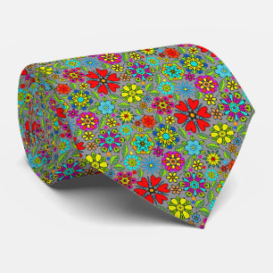 Neon Colours On Black Retro Floral Seamless Patter Tie
