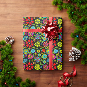 Neon Colours On Black Retro Floral Seamless Patter Wrapping Paper