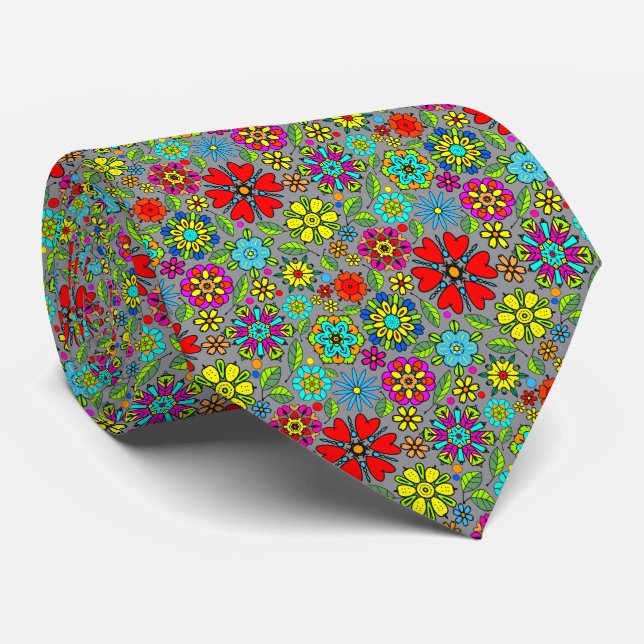 Neon Colours On Grey Retro Floral Seamless Pattern Tie (Rolled)