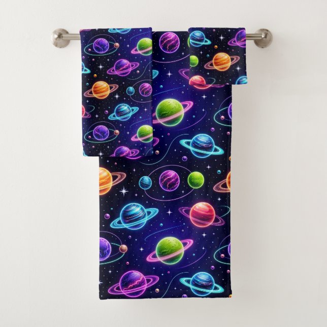 Neon Colours Outer Space Planets Boy's Towel Set (Insitu)