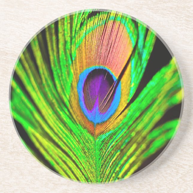 Neon Colours Peacock Feather Coaster (Front)