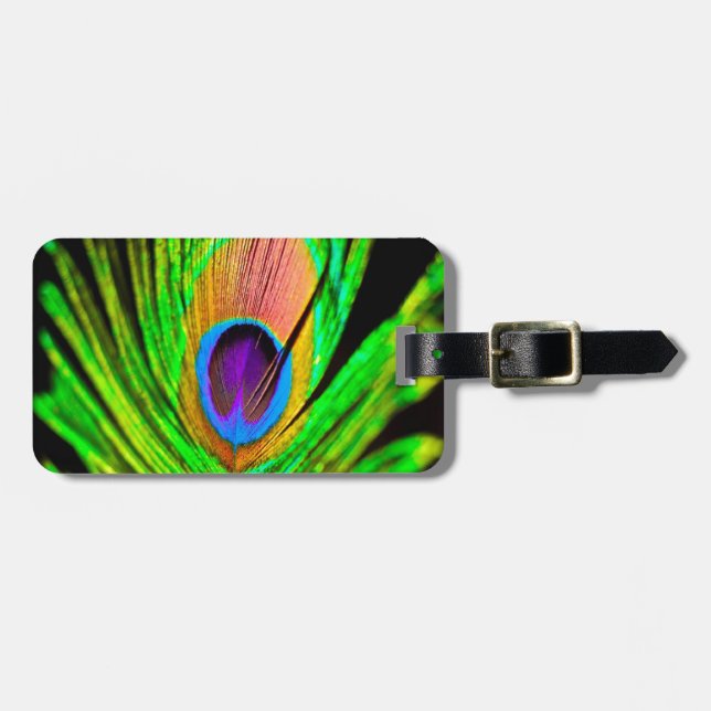 Neon Colours Peacock Feather Luggage Tag (Front Horizontal)
