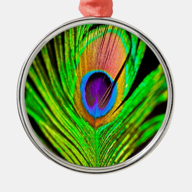 Neon Colours Peacock Feather Metal Tree Decoration (Front)