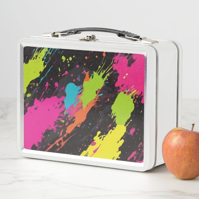 Neon Colours Retro Paint Splatter Metal Lunch Box (In Situ)