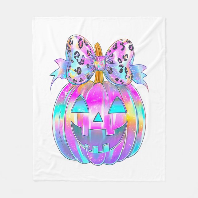 Neon Coquette Halloween Pumpkin Fleece Blanket (Front)