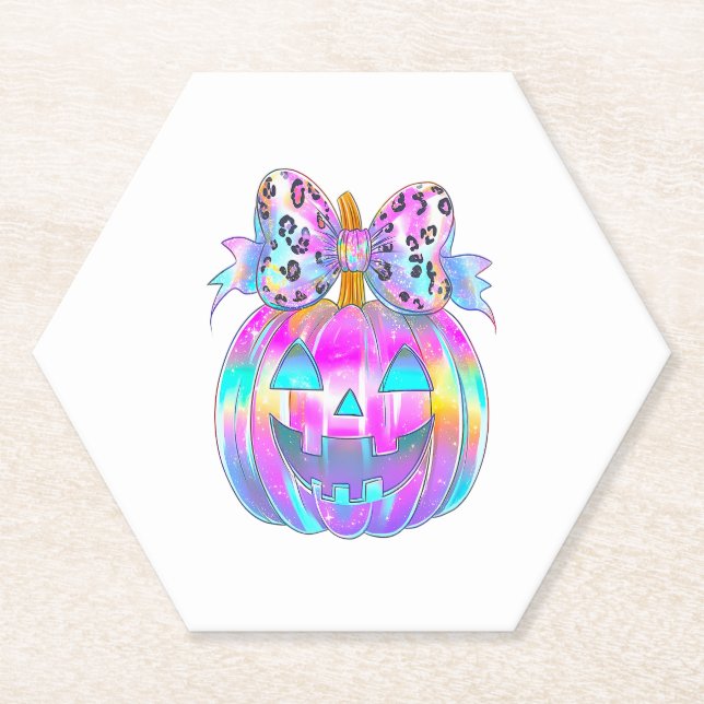 Neon Coquette Halloween Pumpkin Paper Coaster (Front)